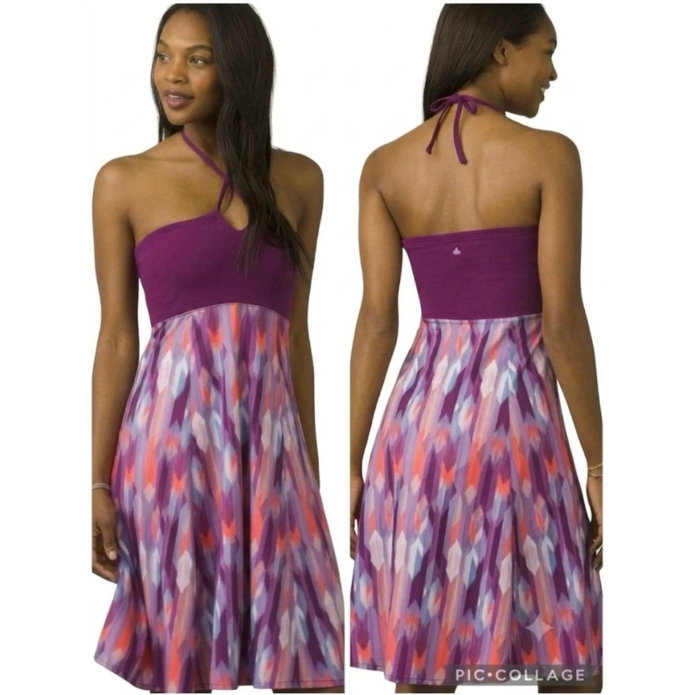 Prana Solana Convertible Purple Halter Bandeau Empire Waist Midi Dress Sz Medium - Picture 2 of 11